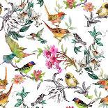 Watercolor Hand Drawn Seamless Pattern with Tropical Summer Flowers and Exotic Birds on White Backg-KostanPROFF-Art Print