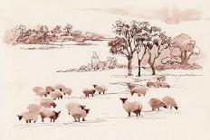 Watercolor Summer Landscape with Sheep.-KostanPROFF-Art Print