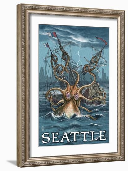 Kraken Attacking Ship - Seattle-Lantern Press-Framed Art Print
