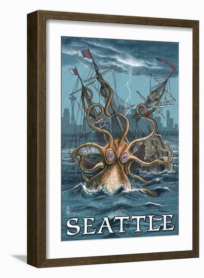 Kraken Attacking Ship - Seattle-Lantern Press-Framed Art Print