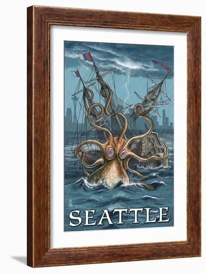 Kraken Attacking Ship - Seattle-Lantern Press-Framed Art Print