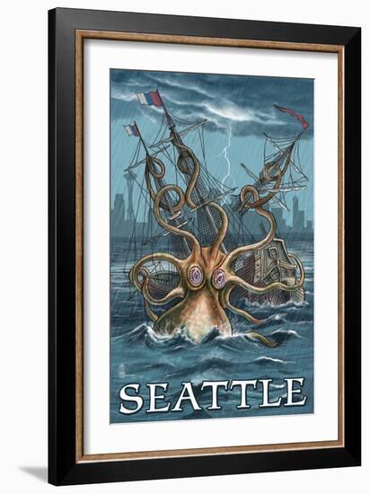 Kraken Attacking Ship - Seattle-Lantern Press-Framed Art Print