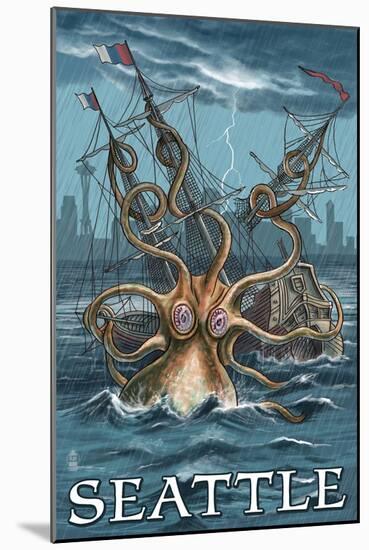Kraken Attacking Ship - Seattle-Lantern Press-Mounted Art Print