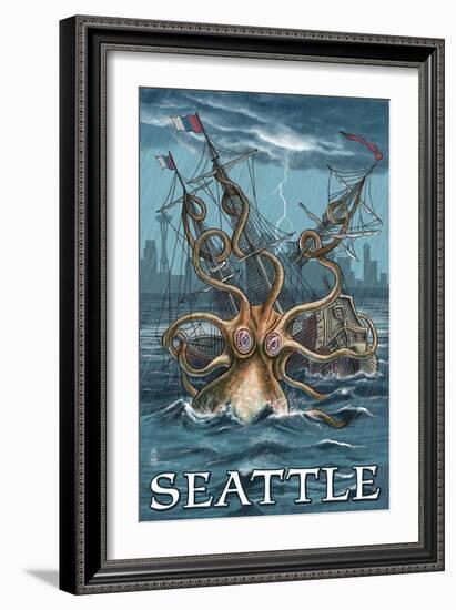 Kraken Attacking Ship - Seattle-Lantern Press-Framed Art Print