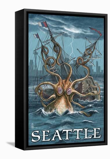 Kraken Attacking Ship - Seattle-Lantern Press-Framed Stretched Canvas