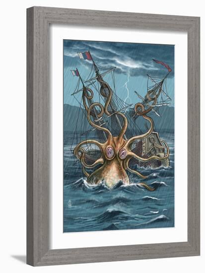 Kraken Attacking Ship-Lantern Press-Framed Art Print