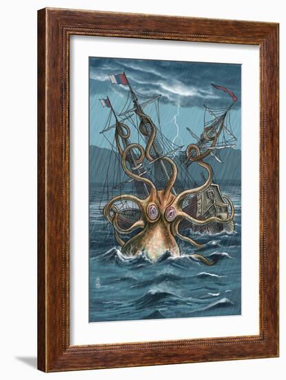 Kraken Attacking Ship-Lantern Press-Framed Art Print