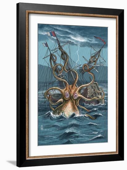 Kraken Attacking Ship-Lantern Press-Framed Art Print