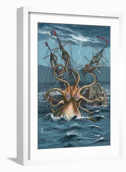 Kraken Attacking Ship-Lantern Press-Framed Art Print