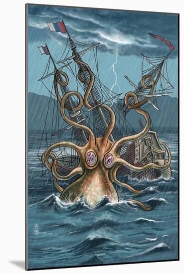 Kraken Attacking Ship-Lantern Press-Mounted Art Print
