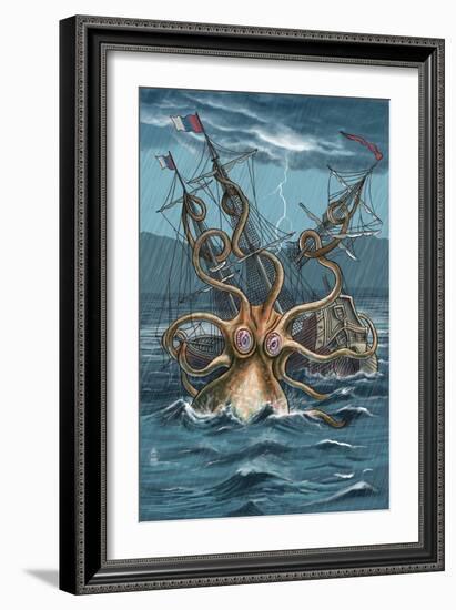 Kraken Attacking Ship-Lantern Press-Framed Art Print