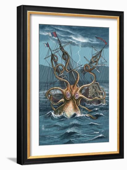 Kraken Attacking Ship-Lantern Press-Framed Art Print