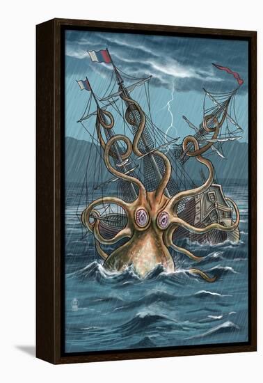 Kraken Attacking Ship-Lantern Press-Framed Stretched Canvas