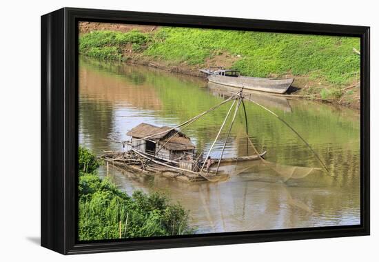 Kratie, Cambodia. Floating Vietnamese houseboat on the Mekong River in Kratie, Cambodia.-Yvette Cardozo-Framed Premier Image Canvas