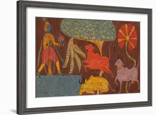 Krishna and Cows at a Pond, from a Bhagavata Purana-null-Framed Giclee Print