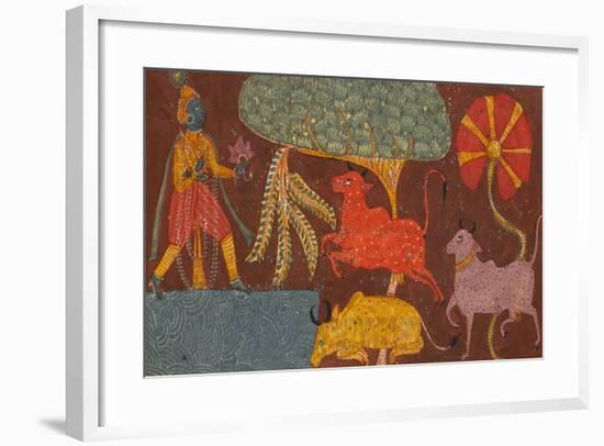 Krishna and Cows at a Pond, from a Bhagavata Purana-null-Framed Giclee Print