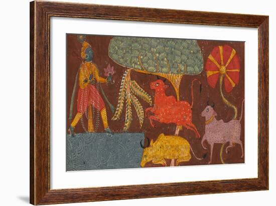 Krishna and Cows at a Pond, from a Bhagavata Purana-null-Framed Giclee Print