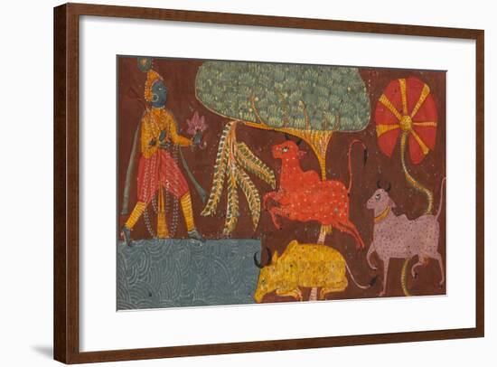 Krishna and Cows at a Pond, from a Bhagavata Purana-null-Framed Giclee Print