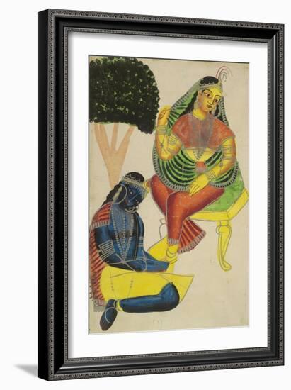 Krishna and Radha, Kalighat Style, India, 1860-null-Framed Premium Giclee Print