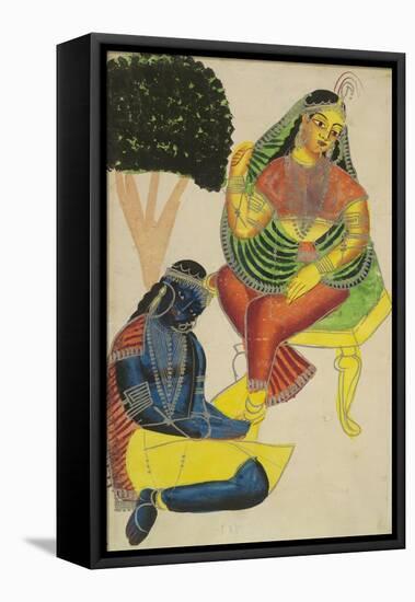 Krishna and Radha, Kalighat Style, India, 1860-null-Framed Stretched Canvas