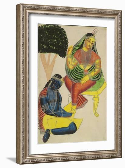 Krishna and Radha, Kalighat Style, India, 1860-null-Framed Art Print