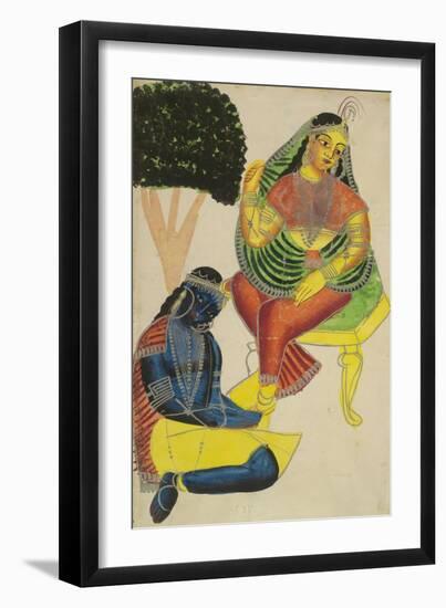 Krishna and Radha, Kalighat Style, India, 1860-null-Framed Art Print