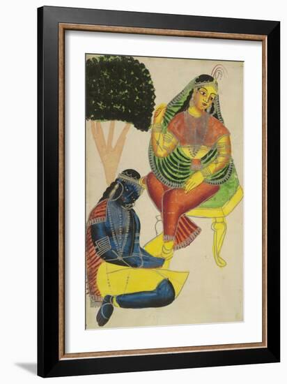 Krishna and Radha, Kalighat Style, India, 1860-null-Framed Art Print