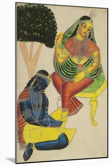 Krishna and Radha, Kalighat Style, India, 1860-null-Mounted Art Print