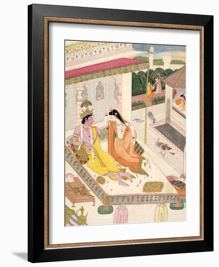 Krishna and Radha on a Bed in a Mogul Palace, Punjab, c.1860-null-Framed Giclee Print