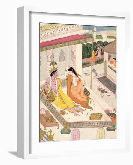 Krishna and Radha on a Bed in a Mogul Palace, Punjab, c.1860-null-Framed Giclee Print