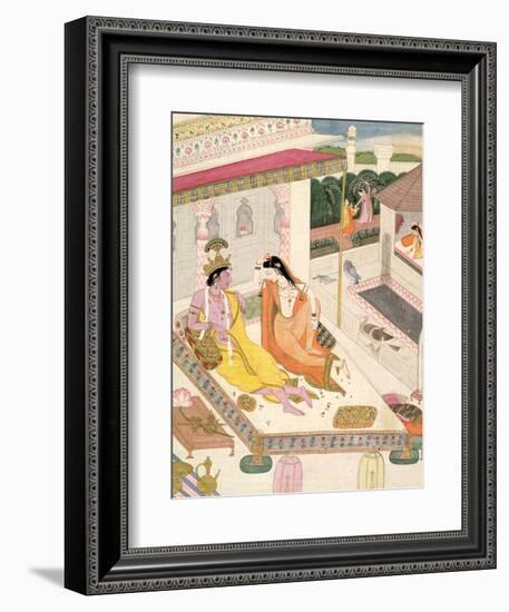 Krishna and Radha on a Bed in a Mogul Palace, Punjab, c.1860-null-Framed Premium Giclee Print