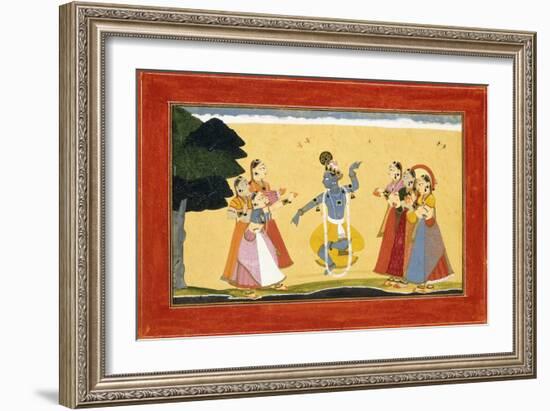 Krishna Dancing before the Cowgirls as They Clap their Hands, C.1730-1735 (W/C on Red Paper)-Manaku-Framed Giclee Print