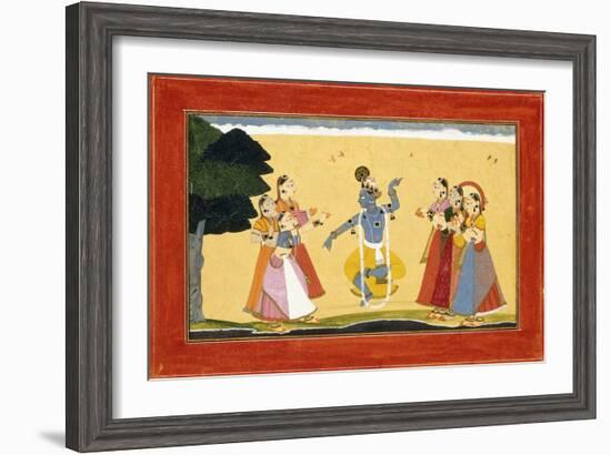 Krishna Dancing before the Cowgirls as They Clap their Hands, C.1730-1735 (W/C on Red Paper)-Manaku-Framed Giclee Print