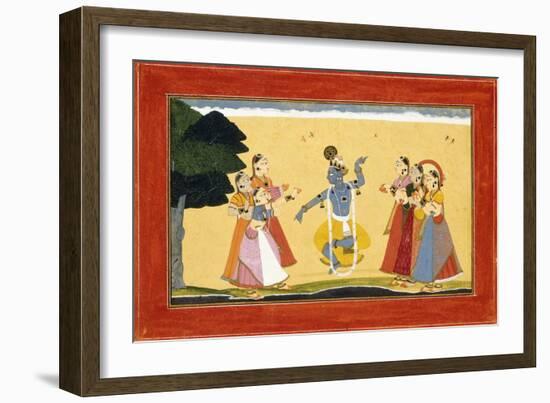 Krishna Dancing before the Cowgirls as They Clap their Hands, C.1730-1735 (W/C on Red Paper)-Manaku-Framed Giclee Print