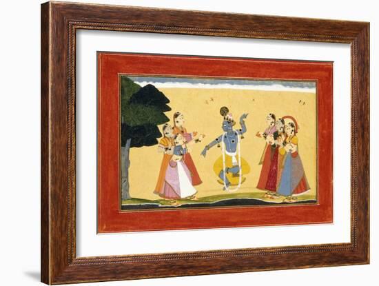 Krishna Dancing before the Cowgirls as They Clap their Hands, C.1730-1735 (W/C on Red Paper)-Manaku-Framed Giclee Print