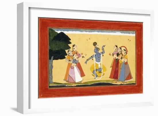 Krishna Dancing before the Cowgirls as They Clap their Hands, C.1730-1735 (W/C on Red Paper)-Manaku-Framed Giclee Print