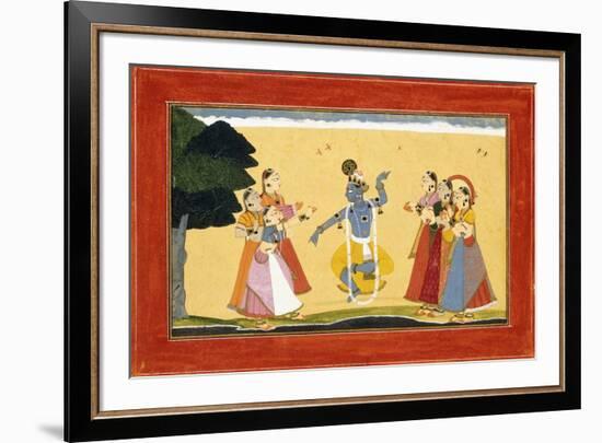 Krishna Dancing before the Cowgirls as They Clap their Hands, C.1730-1735 (W/C on Red Paper)-Manaku-Framed Giclee Print