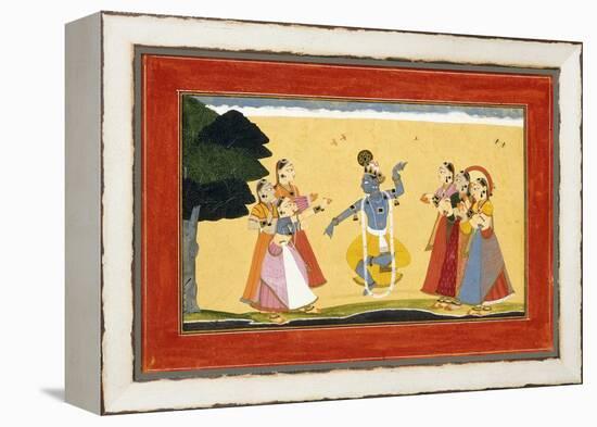 Krishna Dancing before the Cowgirls as They Clap their Hands, C.1730-1735 (W/C on Red Paper)-Manaku-Framed Premier Image Canvas