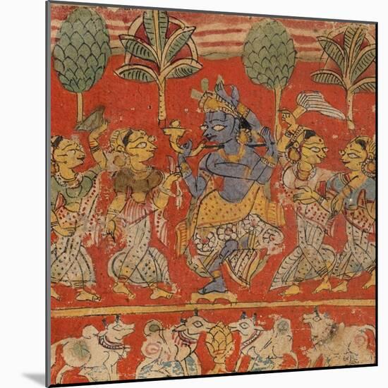 Krishna Dancing with Gopis in Vrindavan-null-Mounted Art Print