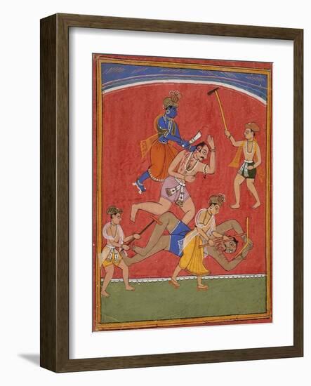 Krishna Killing King Kamsa and Balarama Slaying a Wrestler-null-Framed Art Print