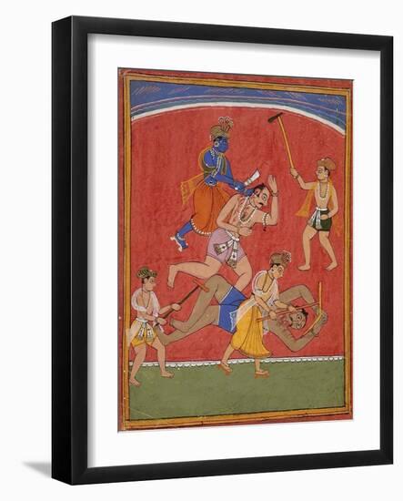 Krishna Killing King Kamsa and Balarama Slaying a Wrestler-null-Framed Art Print