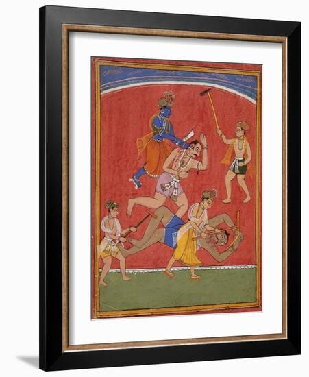 Krishna Killing King Kamsa and Balarama Slaying a Wrestler-null-Framed Art Print