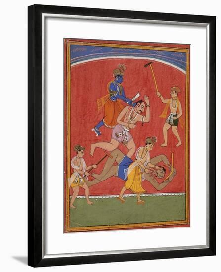 Krishna Killing King Kamsa and Balarama Slaying a Wrestler-null-Framed Art Print