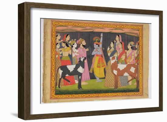 Krishna Lifting Mount Govardhana, from the Bhagavata Purana, Kulu, Himachal Pradesh, 1749-null-Framed Giclee Print