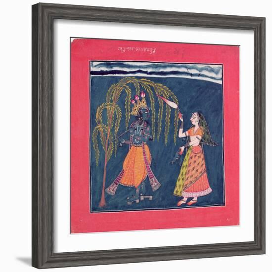 Krishna Playing a Flute, from the Vahula Raga, Basohli, c.1710-null-Framed Giclee Print