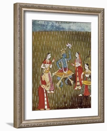 Krishna with a Lotus Flower and His Wife Radha Dancing in the Rain-null-Framed Art Print