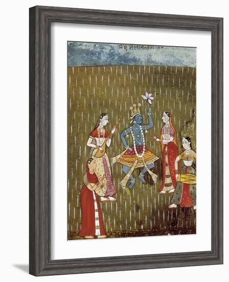 Krishna with a Lotus Flower and His Wife Radha Dancing in the Rain-null-Framed Art Print