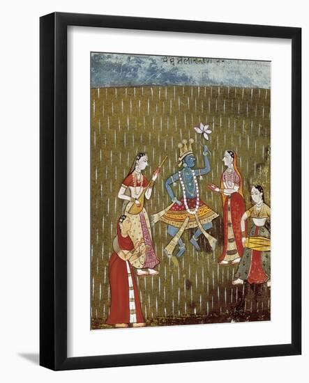 Krishna with a Lotus Flower and His Wife Radha Dancing in the Rain-null-Framed Art Print