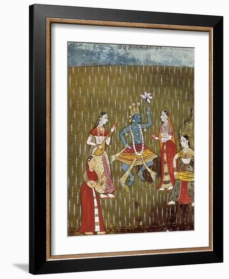 Krishna with a Lotus Flower and His Wife Radha Dancing in the Rain-null-Framed Art Print