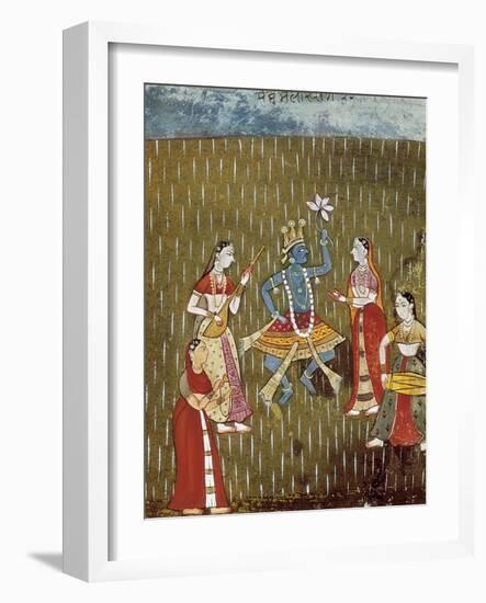 Krishna with a Lotus Flower and His Wife Radha Dancing in the Rain-null-Framed Art Print